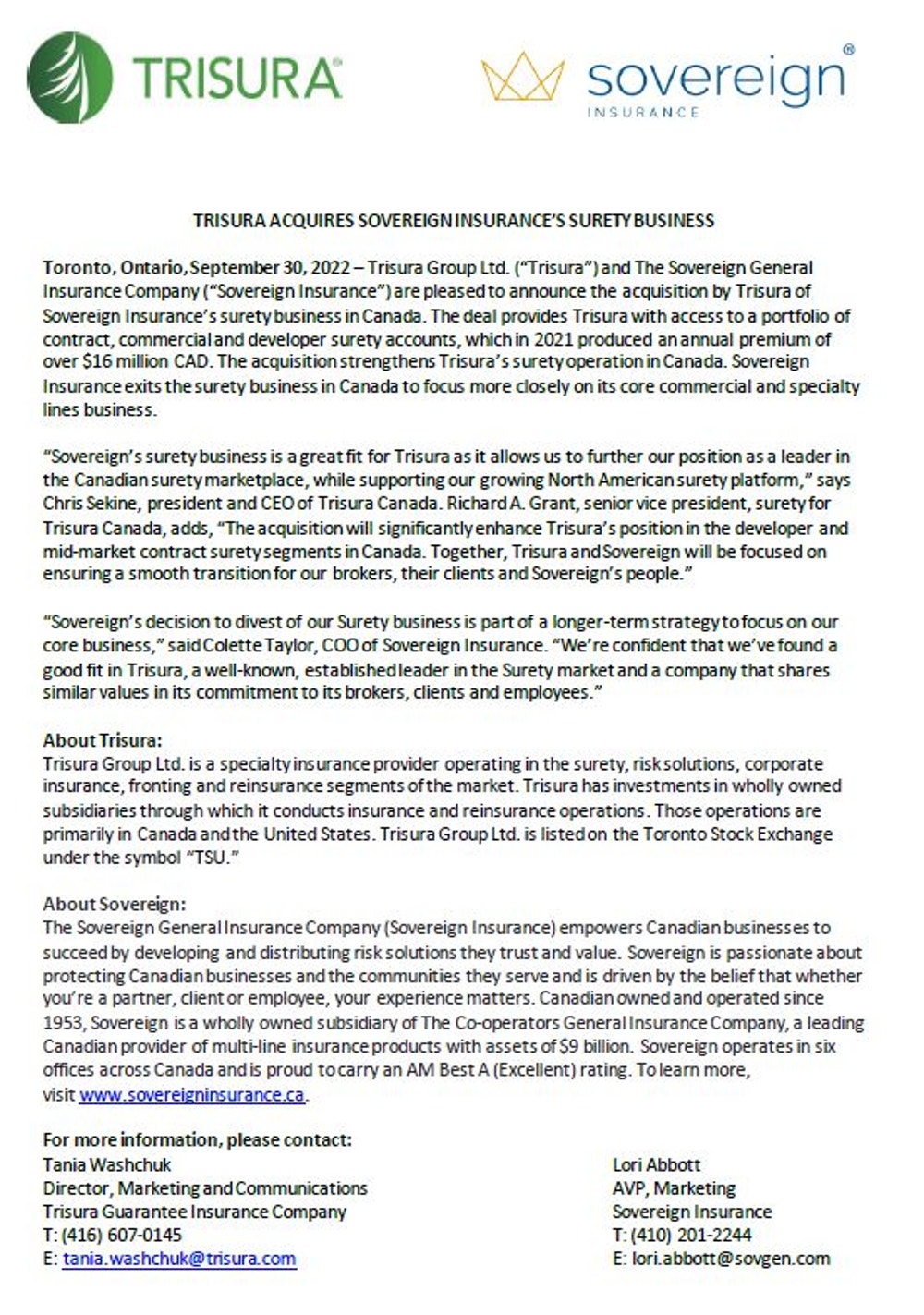 Une capture d'écran d'un communiqué de presse "Trisura fait l'acquisition du portefeuille de cautionnement de La Souveraine Assuranece"